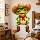 Bright green cartoon frog wearing a large brown cowboy hat with a sheriff badge, red neckerchief, and cowboy boots, standing with hands on hips.