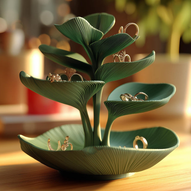 Green botanical jewelry holder with layered leaf-shaped trays holding rings and earrings on a wooden surface in warm natural light.