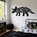 Triceratops Wall Decal | Dinosaur Name Wall Sticker | Black Dino Silhouette Decor | Kids Bedroom Nursery Wall Art | Prehistoric Decor Design