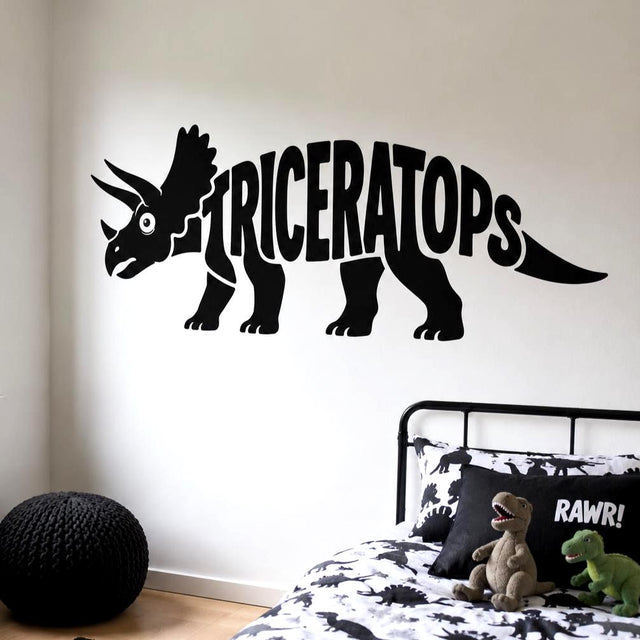 Black cartoon triceratops silhouette on a white background, with two horns, a large frill, a wide eye, and the word TRICERATOPS forming most of its body.