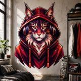 Front-facing long-haired cat wearing over-ear headphones and a deep red hood, illustrated with angular low-poly shapes in crimson, orange, purple, navy, cream, and white on a plain white background.