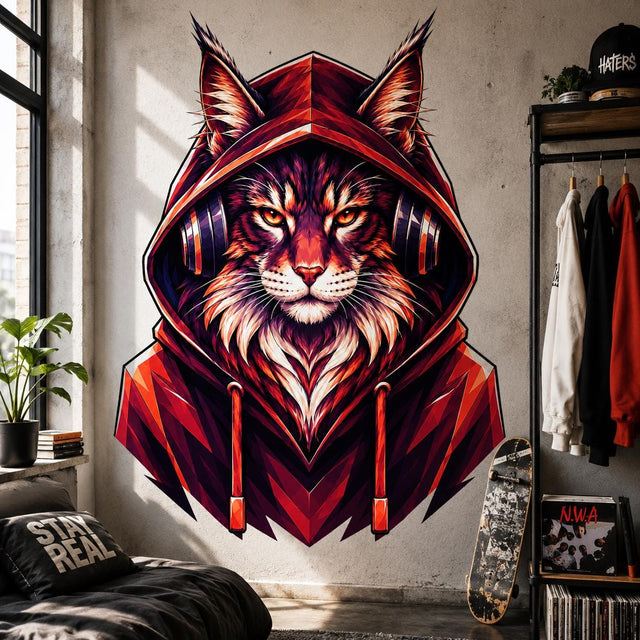 Front-facing long-haired cat wearing over-ear headphones and a deep red hood, illustrated with angular low-poly shapes in crimson, orange, purple, navy, cream, and white on a plain white background.