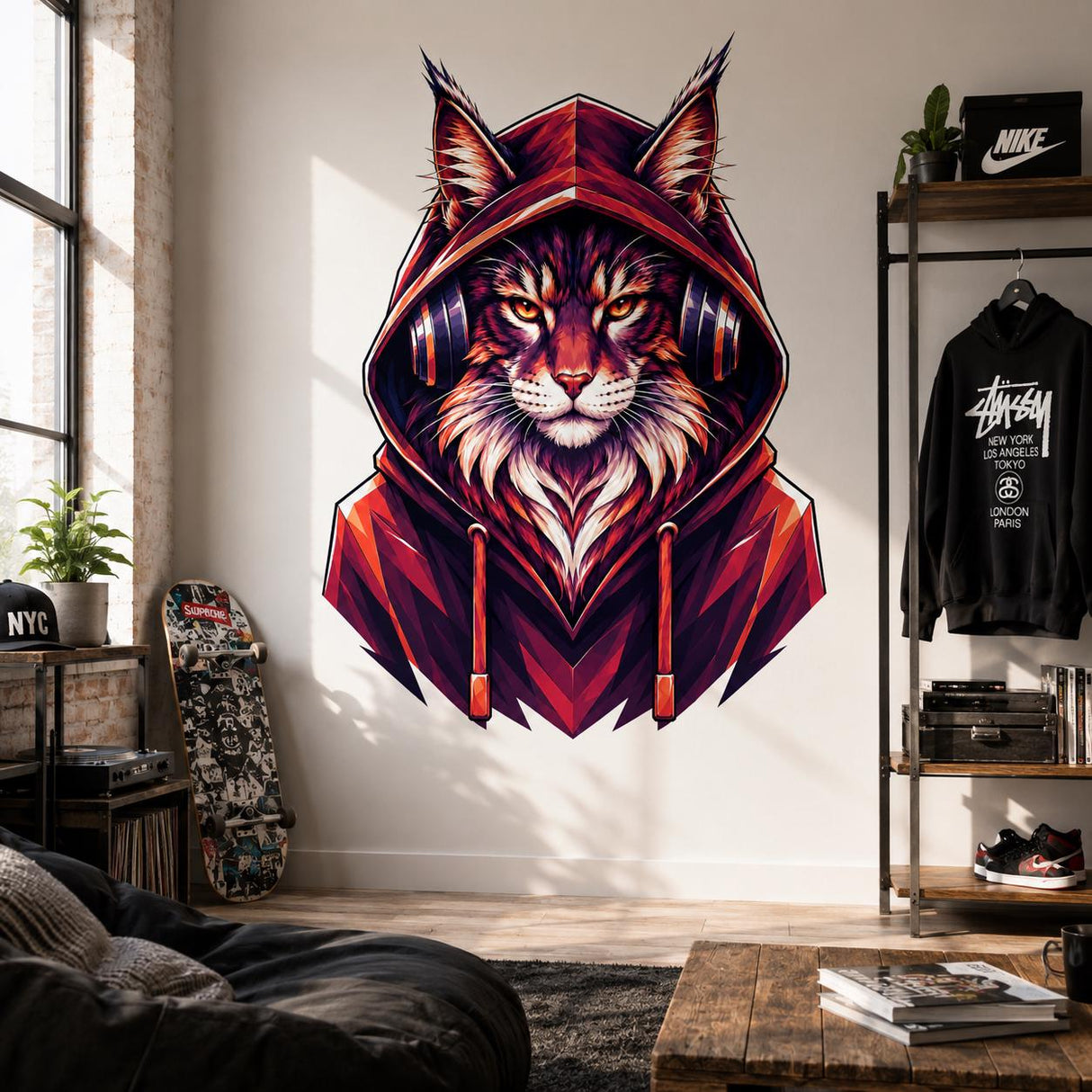 Cat Headphones Wall Decal | Hooded Cat Portrait Sticker | Colorful Low Poly Cat Art | Music Room Decor | Teen Room Wall Art | Cat Lover Gift