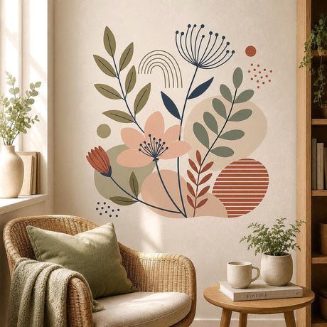 Abstract botanical artwork on a white background with peach flowers, sage and olive leafy branches, terracotta shapes, curved lines, small dots, and dark blue-gray stems.