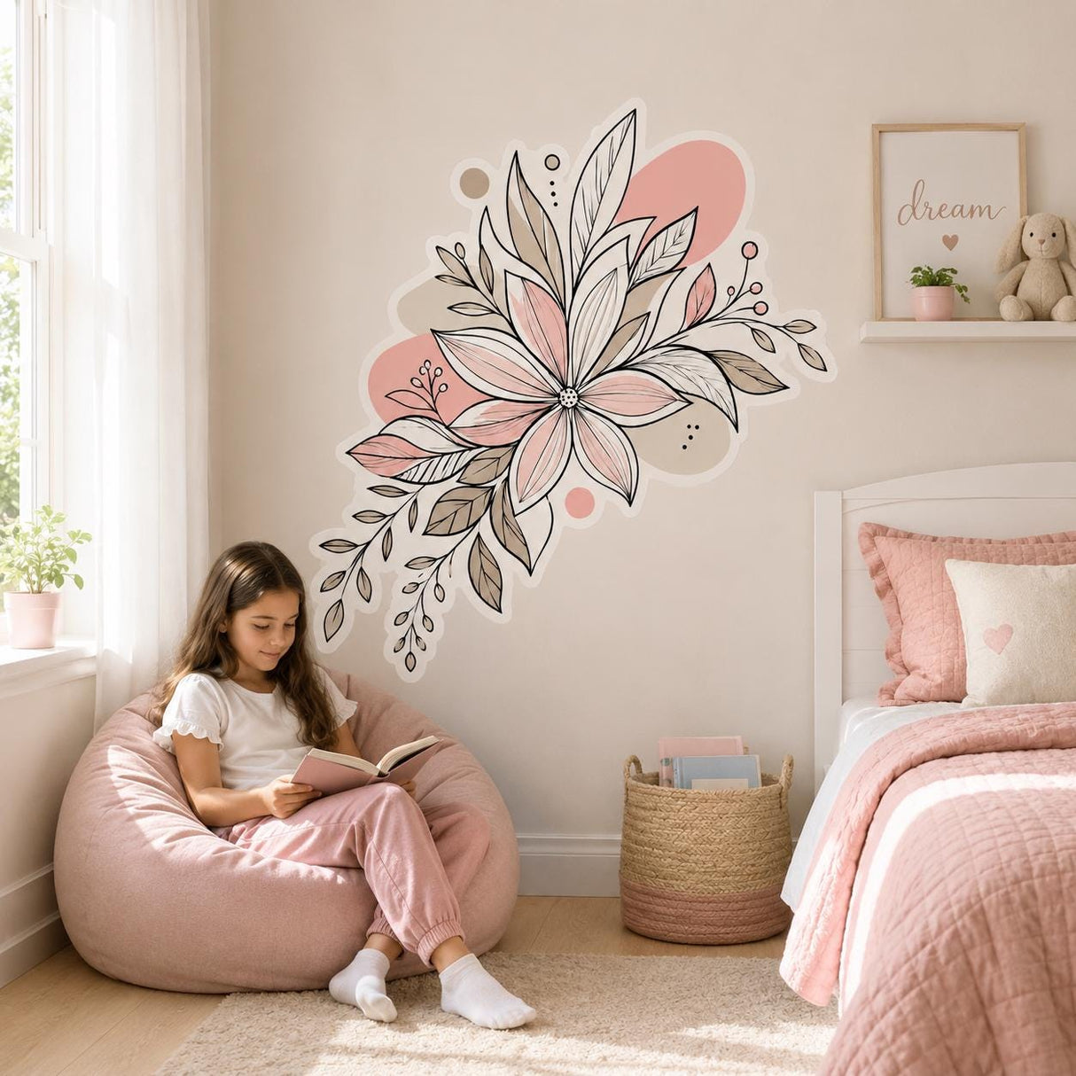 Floral Wall Decal | Blush Botanical Sticker | Peach Flower Line Art | Boho Nursery Decor | Neutral Bedroom Wall Art | Modern Botanical Decor