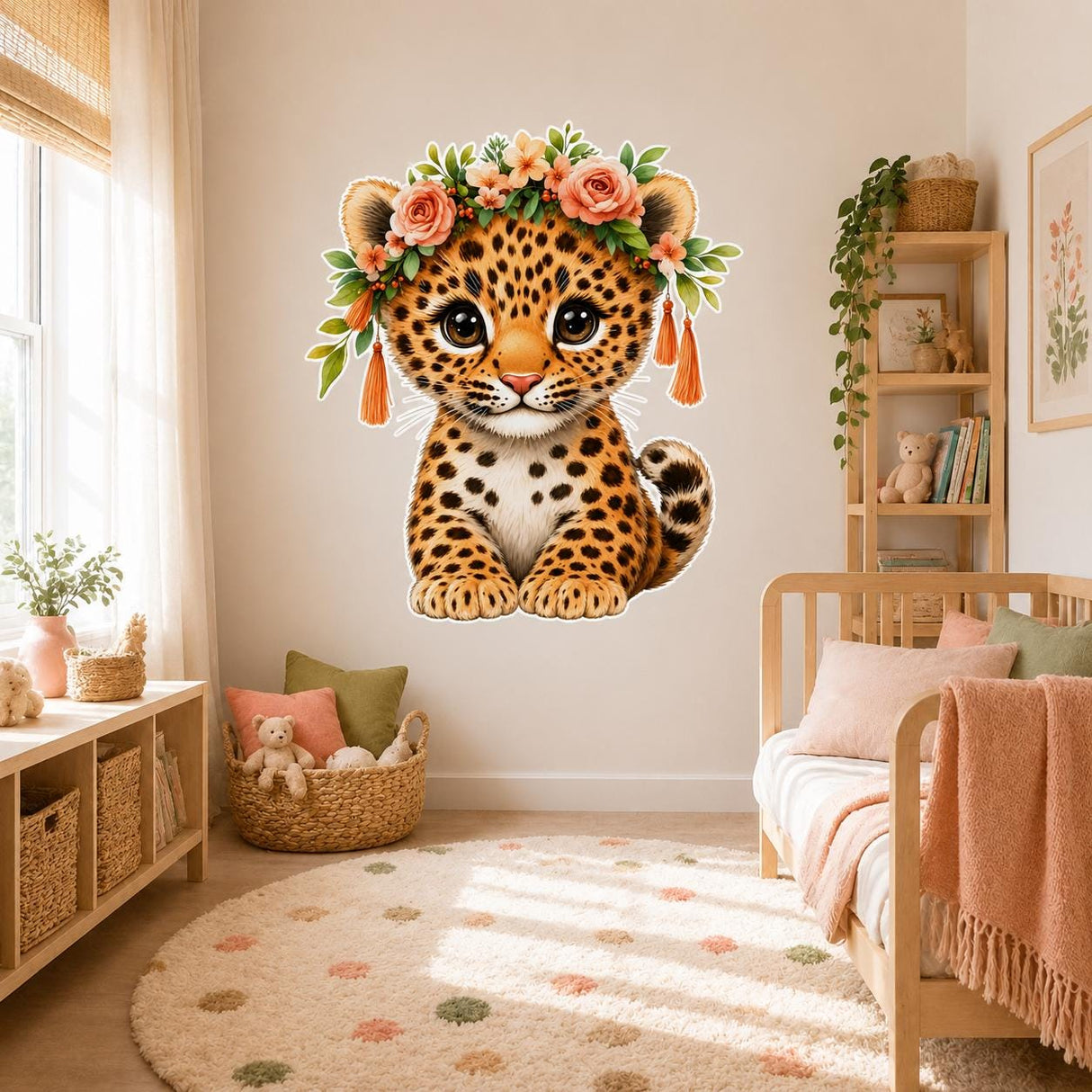 Baby Leopard Floral Wall Decal | Nursery Jungle Animal Sticker | Boho Safari Kids Room Decor | Peach Rose Playroom Wall Art | Cute Cub Decal