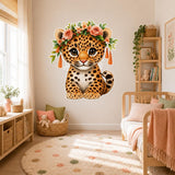 Baby Leopard Floral Wall Decal | Nursery Jungle Animal Sticker | Boho Safari Kids Room Decor | Peach Rose Playroom Wall Art | Cute Cub Decal