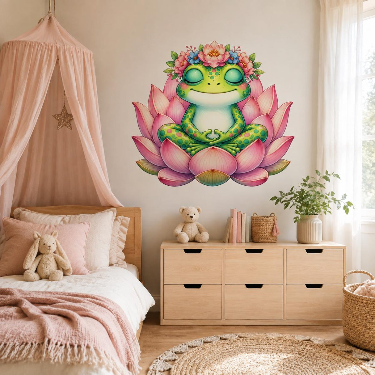 Meditating Frog Wall Art Print | Pink Lotus Flower Decor | Whimsical Nursery Art | Kids Room Wall Decor | Green Frog Decor | Yoga Room Decor