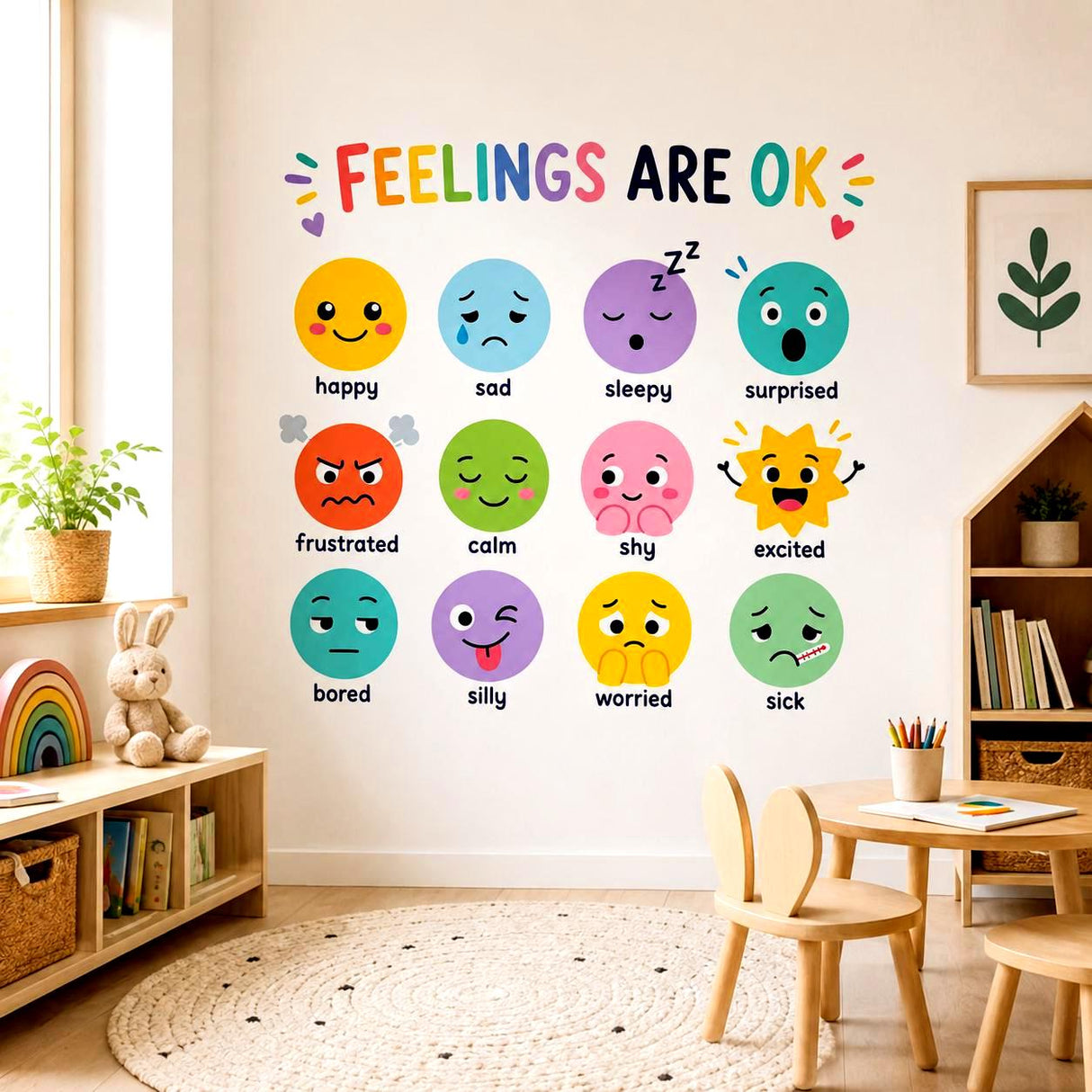 Colorful children’s feelings chart reading “FEELINGS ARE OK,” with twelve expressive faces labeled happy, sad, sleepy, surprised, frustrated, calm, shy, excited, bored, silly, worried, and sick.