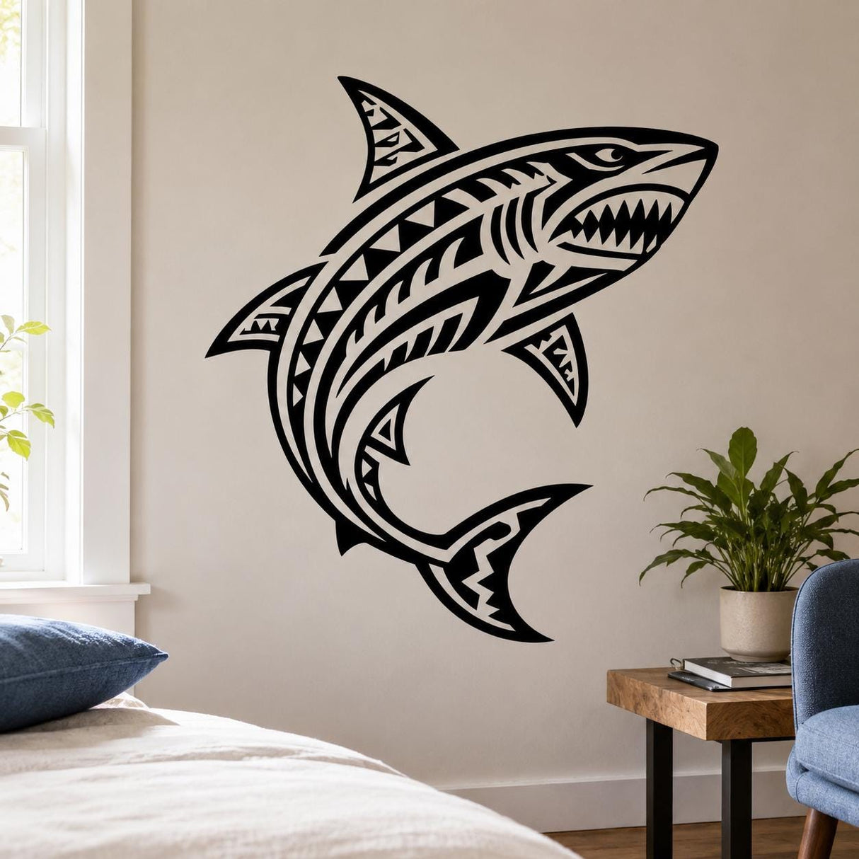 Tribal Shark Wall Art Print | Black & White Shark Decor | Geometric Ocean Artwork | Marine Art Poster | Coastal Room Decor | Shark Art Print