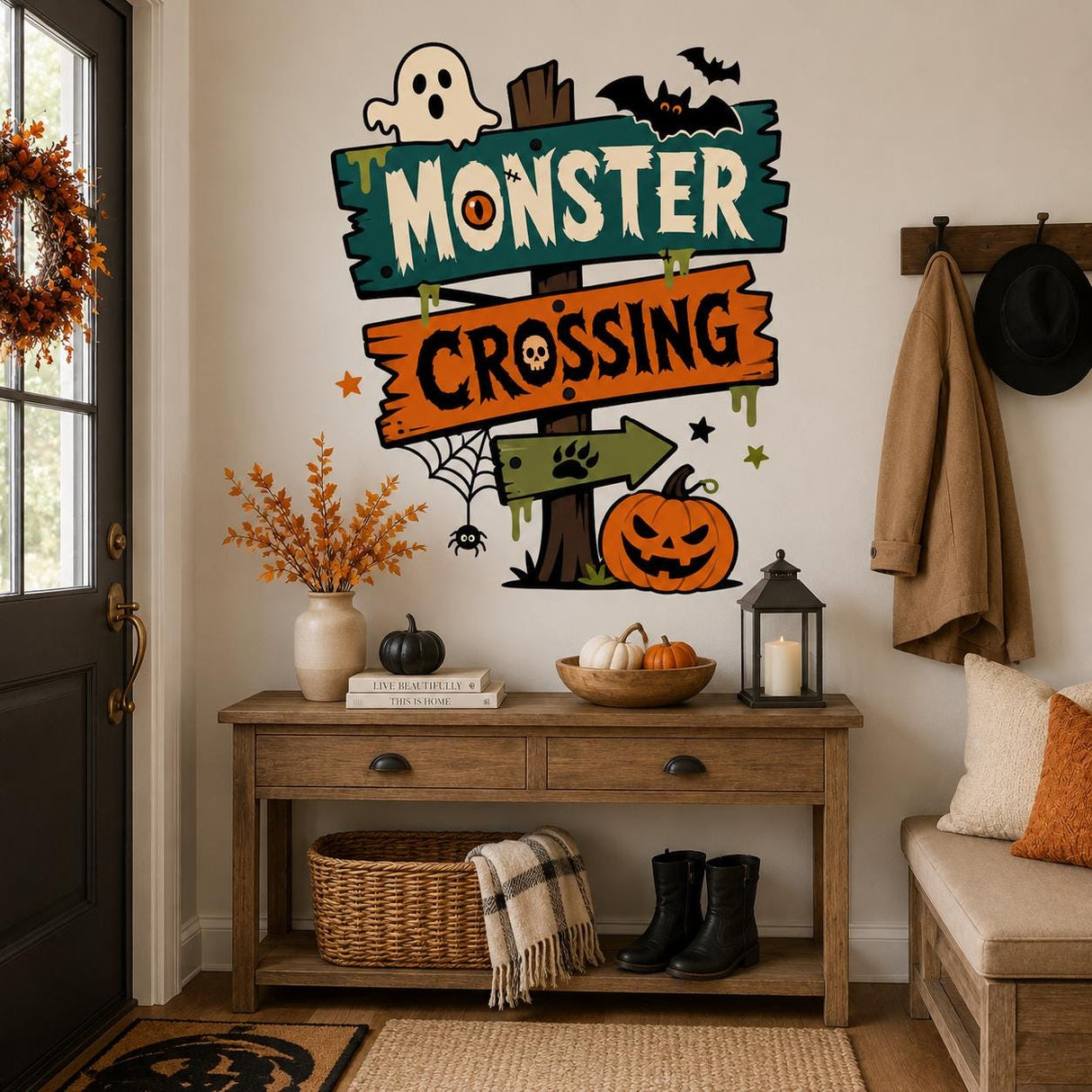 Halloween Monster Crossing Wall Art Print | Spooky Sign Decor | Ghost Bat Pumpkin Poster | Kids Halloween Room Decor | Haunted House Artwork