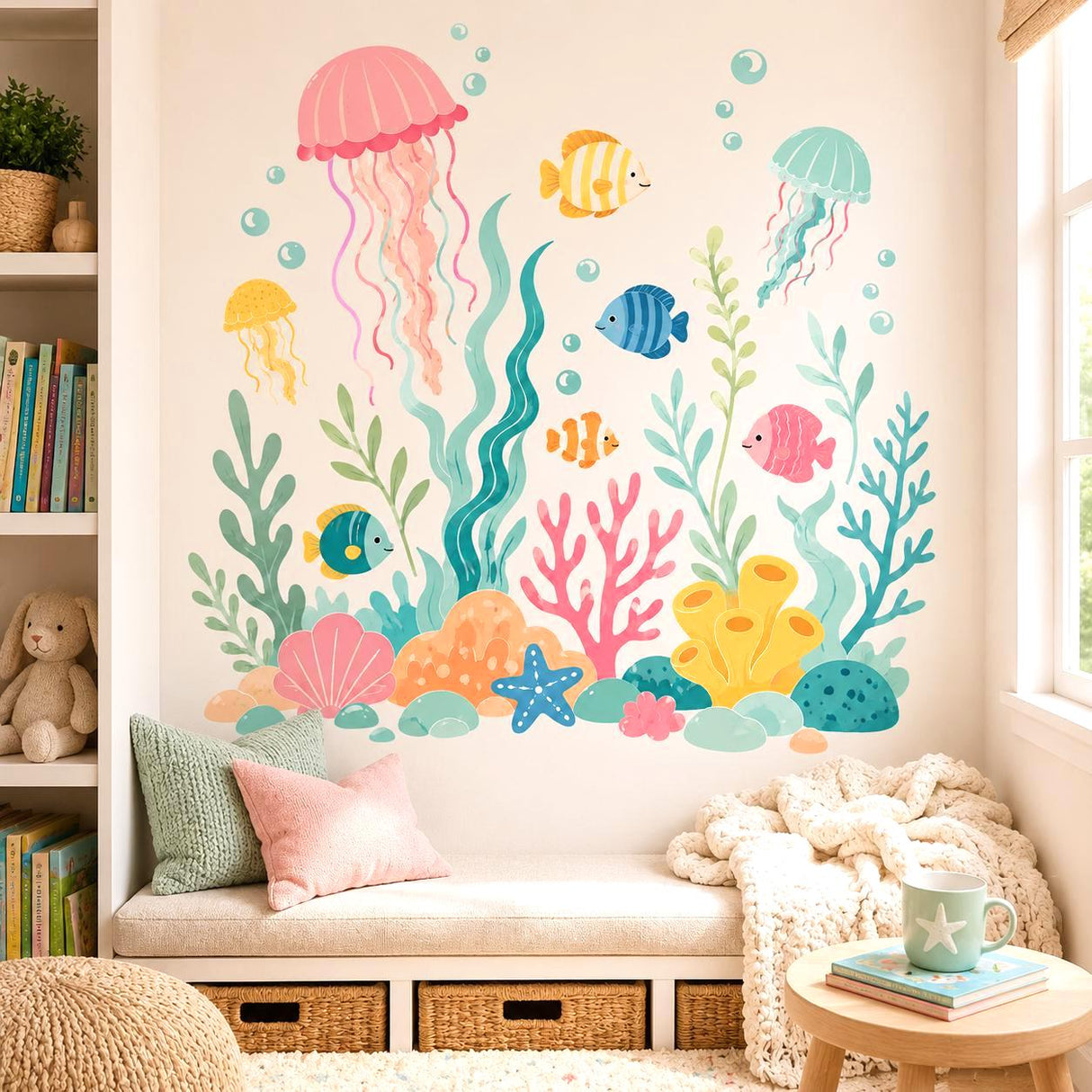 Pastel underwater illustration with three jellyfish, five colorful fish, floating bubbles, seaweed, coral, a blue starfish, pink shell, yellow sea sponges, and rounded ocean rocks on a white background.
