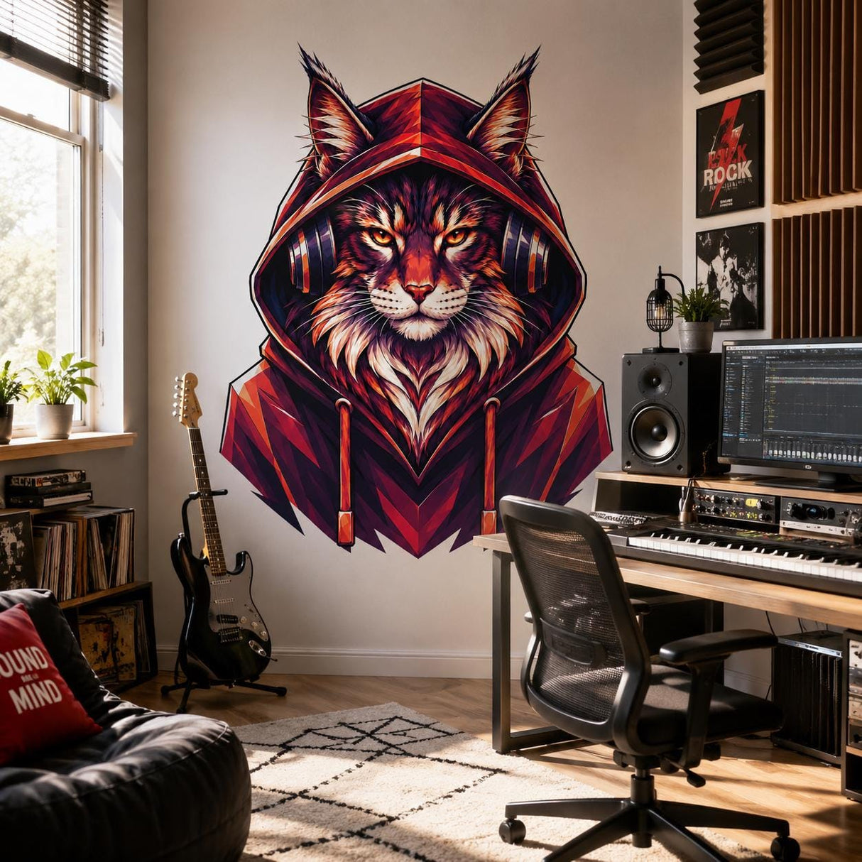 Cat Headphones Wall Decal | Hooded Cat Portrait Sticker | Colorful Low Poly Cat Art | Music Room Decor | Teen Room Wall Art | Cat Lover Gift