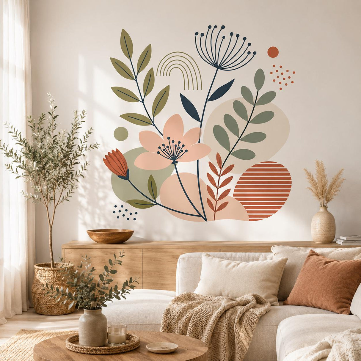 Botanical Wall Decal | Abstract Floral Wall Sticker | Boho Flower Art | Sage Green Terracotta Decor | Modern Home Nursery Bedroom Wall Decor