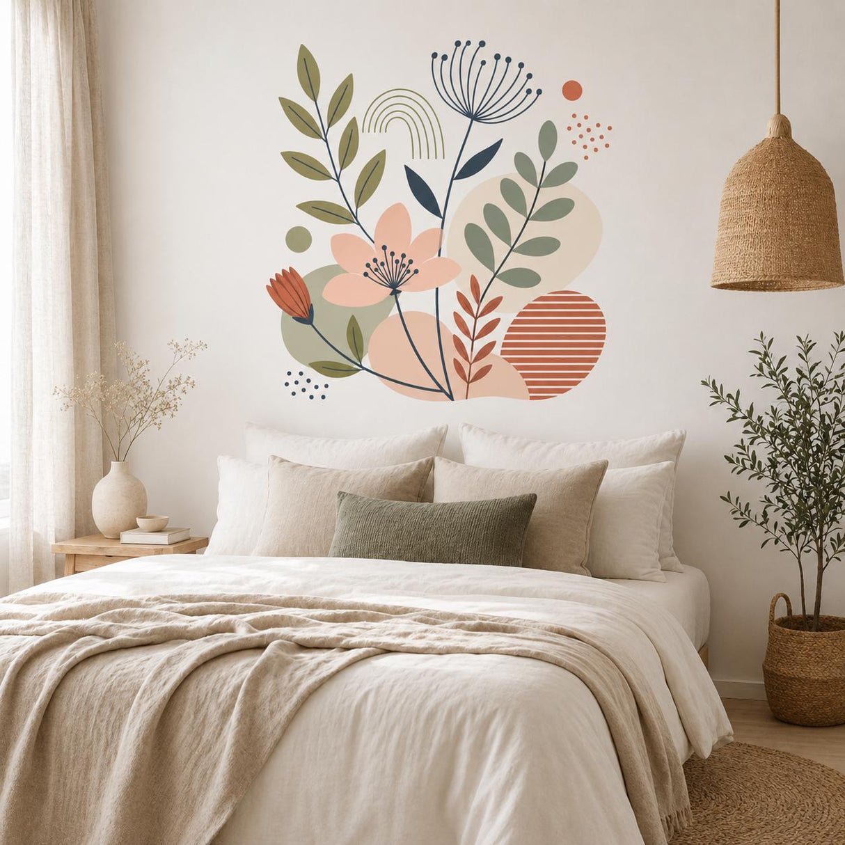 Botanical Wall Decal | Abstract Floral Wall Sticker | Boho Flower Art | Sage Green Terracotta Decor | Modern Home Nursery Bedroom Wall Decor