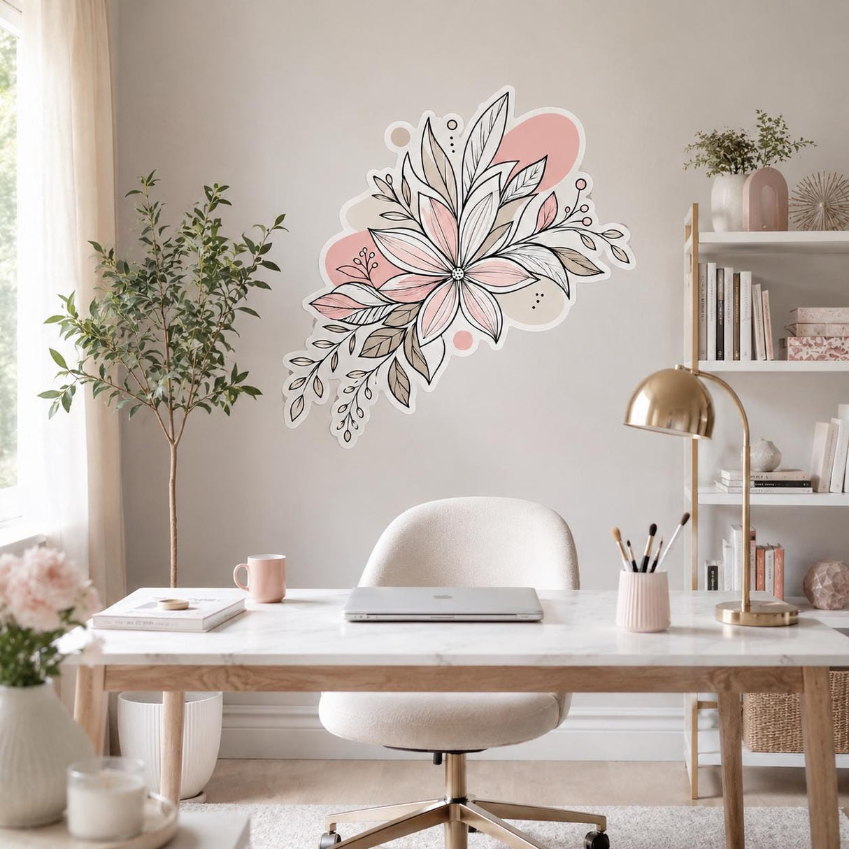 Floral Wall Decal | Blush Botanical Sticker | Peach Flower Line Art | Boho Nursery Decor | Neutral Bedroom Wall Art | Modern Botanical Decor