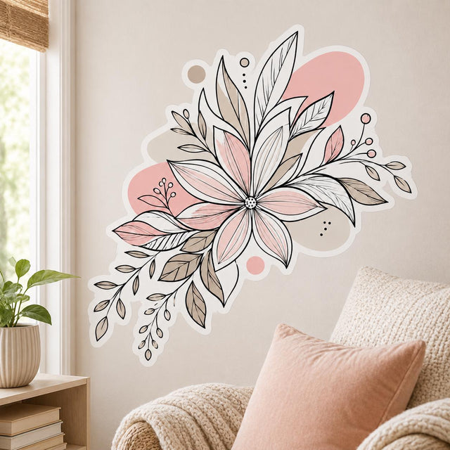Floral Wall Decal | Blush Botanical Sticker | Peach Flower Line Art | Boho Nursery Decor | Neutral Bedroom Wall Art | Modern Botanical Decor