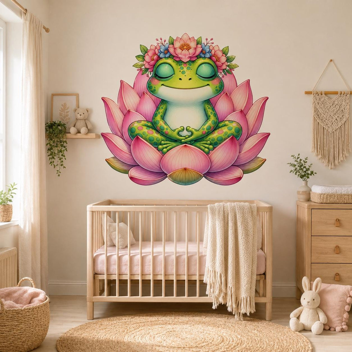 Meditating Frog Wall Art Print | Pink Lotus Flower Decor | Whimsical Nursery Art | Kids Room Wall Decor | Green Frog Decor | Yoga Room Decor
