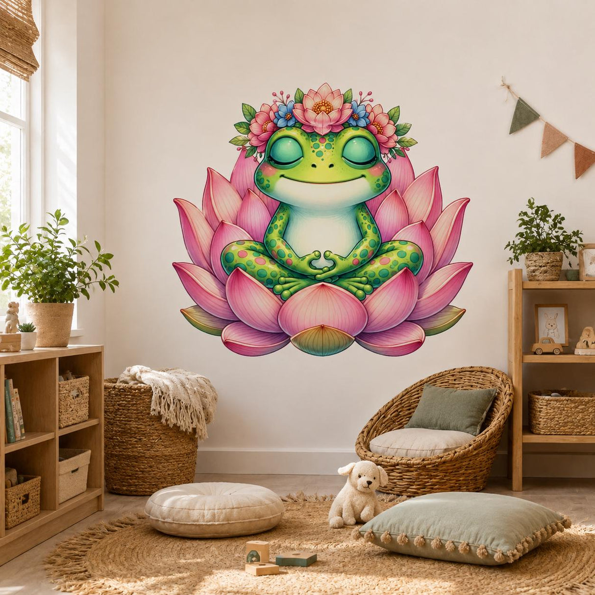 Meditating Frog Wall Art Print | Pink Lotus Flower Decor | Whimsical Nursery Art | Kids Room Wall Decor | Green Frog Decor | Yoga Room Decor