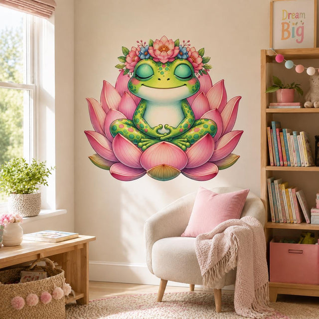A bright green spotted frog with closed eyes sits cross-legged in meditation on a large pink lotus, wearing a crown of pink and blue flowers with green leaves.