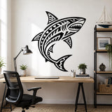 Black-and-white illustration of a curved shark with open jaws, sharp teeth, and bold geometric patterns across its body, fins, and tail on a white background.
