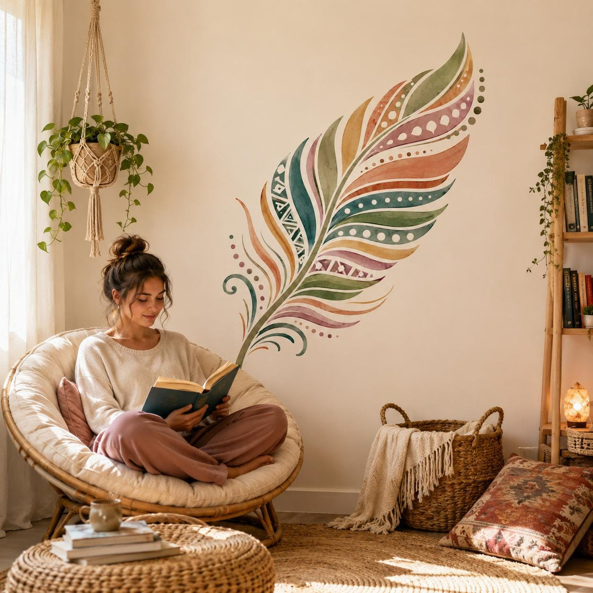Watercolor Feather Wall Decal | Boho Feather Wall Sticker | Colorful Geometric Feather Decor | Boho Wall Accent | Nature Inspired Home Decor