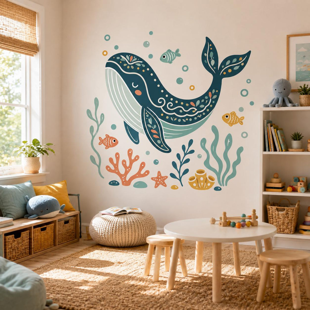 Whale Wall Decal | Ocean Whale Wall Sticker | Sea Life Nursery Decor | Kids' Room Wall Art | Folk Whale & Fish Wall Decoration | Ocean Decor
