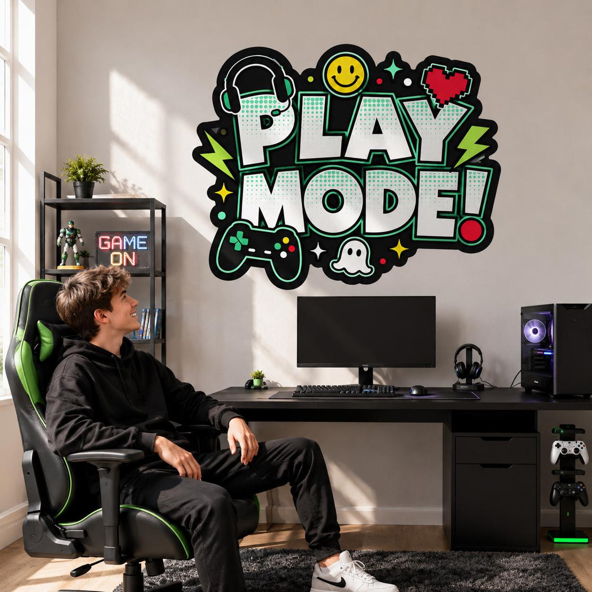 Play Mode Wall Decal | Gaming Wall Sticker | Video Game Room Decor | Kids Gaming Wall Art | Controller Headset & Pixel Heart Wall Decoration