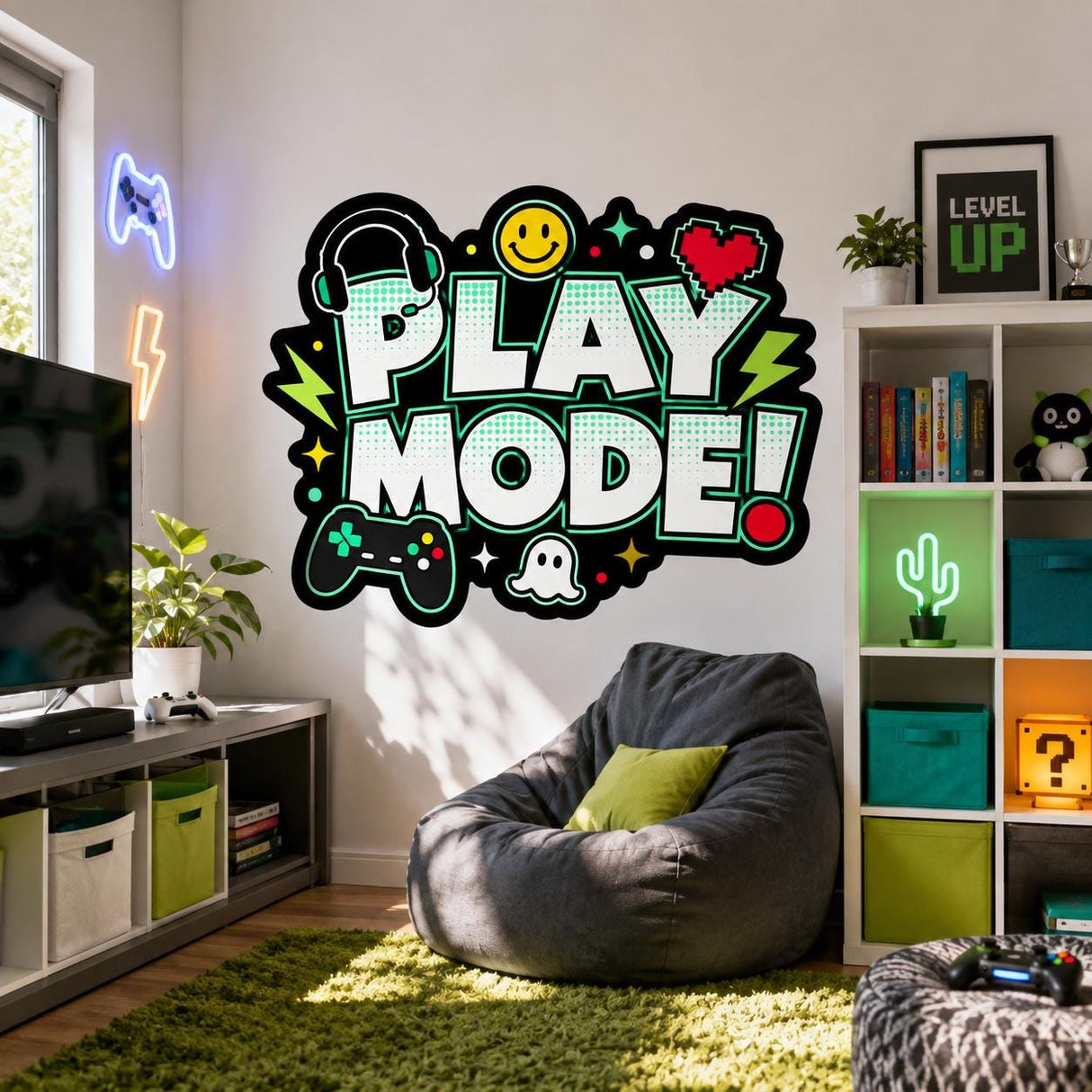 Play Mode Wall Decal | Gaming Wall Sticker | Video Game Room Decor | Kids Gaming Wall Art | Controller Headset & Pixel Heart Wall Decoration