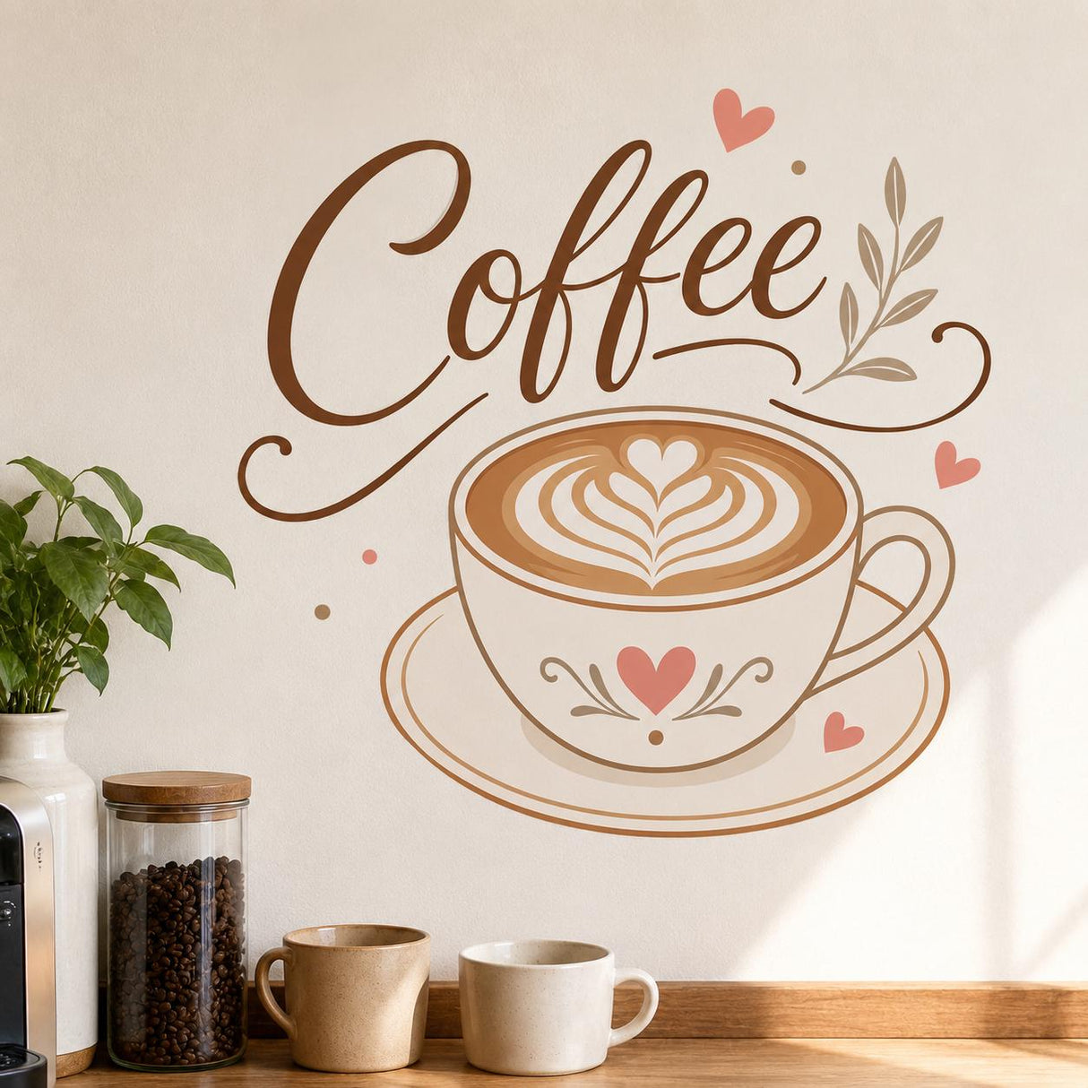 Warm coffee-themed illustration with a cream cup and saucer, heart-shaped latte art, brown “Coffee” lettering, coffee beans, a leafy branch, and small coral hearts.