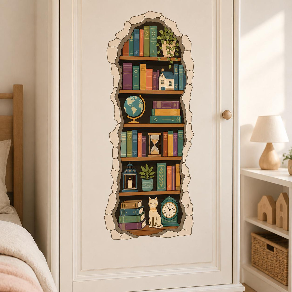 Illustrated stone-framed bookshelf niche filled with colorful books, trailing plants, a globe, hourglass, candle lantern, miniature house, potted plant, sitting cat, and classic clock on warm wooden shelves.