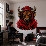 Bull Gamer Wall Decal | Gaming Bull Wall Sticker | Headphones Animal Decor | Teen Room Wall Art | Red Hoodie Gaming Bedroom Wall Decorations
