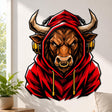 Bold illustrated bull with large curved horns, intense golden eyes, and a gold nose ring, wearing a vivid red hooded sweatshirt and black-and-gold over-ear headphones.