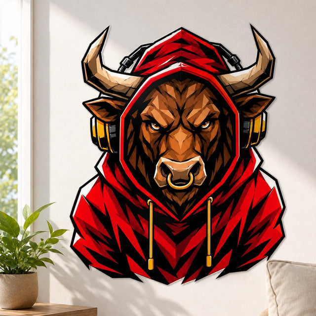 Bold illustrated bull with large curved horns, intense golden eyes, and a gold nose ring, wearing a vivid red hooded sweatshirt and black-and-gold over-ear headphones.