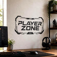 Black and charcoal “PLAYER ZONE” gaming sign with large angular lettering inside a futuristic geometric frame featuring sharp corners, technical lines, and graphic accents.