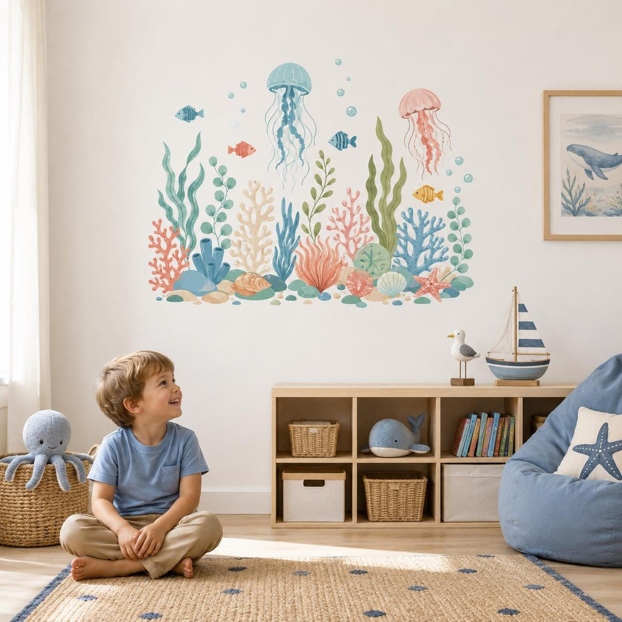Under the Sea Wall Decal | Jellyfish & Coral Wall Sticker | Ocean Nursery Decor | Kids Room Sea Life Wall Art | Pastel Underwater Wall Decor