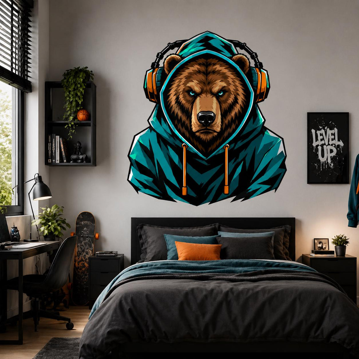 Bear Gamer Wall Decal | Gaming Bear Wall Sticker | Headphones Animal Decor | Teen Room Wall Art | Teal Hoodie Gaming Bedroom Wall Decoration