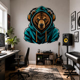 Bear Gamer Wall Decal | Gaming Bear Wall Sticker | Headphones Animal Decor | Teen Room Wall Art | Teal Hoodie Gaming Bedroom Wall Decoration