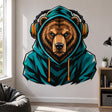 Bold illustrated brown bear with bright turquoise eyes wearing a deep teal hooded sweatshirt and large teal-and-orange over-ear headphones with orange drawstrings.
