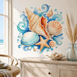 Watercolor coastal arrangement of large cream and peach seashells, a coral-speckled starfish, smaller spiral shells, and curling aqua, turquoise, and deep blue ocean waves with scattered watercolor splashes.
