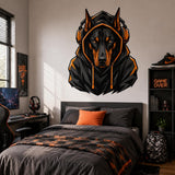 Doberman Gamer Wall Decal | Gaming Dog Wall Sticker | Headphones Animal Decor | Teen Room Wall Art | Black Orange Gaming Bedroom Decorations