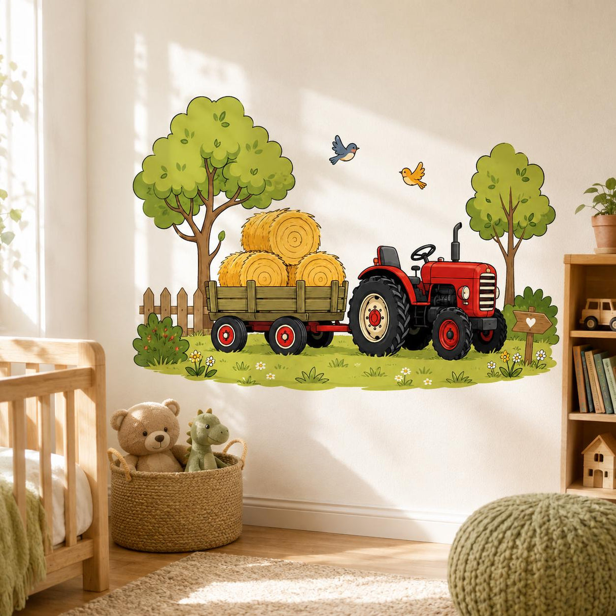 Cute farm scene with a bright red tractor pulling a green trailer filled with three golden hay bales, framed by leafy trees, a wooden fence, flying birds, grass, flowers, and a small wooden sign with a heart.