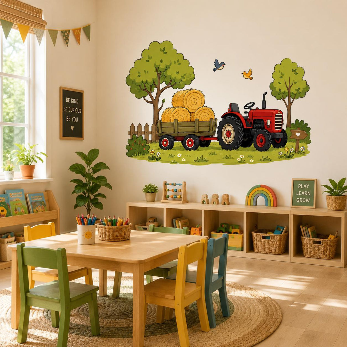 Red Tractor Wall Decal | Farm Tractor & Hay Trailer Wall Sticker | Kids Farm Room Decor | Country Nursery Wall Art | Country Farm Wall Decor