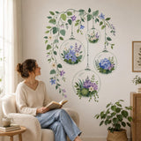 Hanging Terrarium Wall Decal | Floral Glass Globe Wall Sticker | Botanical Bedroom Decor | Blue Flowers Wall Art | Greenery Wall Decorations