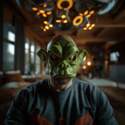3D printed goblin mask with pointed ears, a prominent snout and sculpted eyebrows.