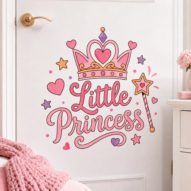 Pink “Little Princess” lettering beneath a decorative crown with a heart center, surrounded by a star-tipped magic wand, pink hearts, lavender and gold stars, dots, and sparkle accents.
