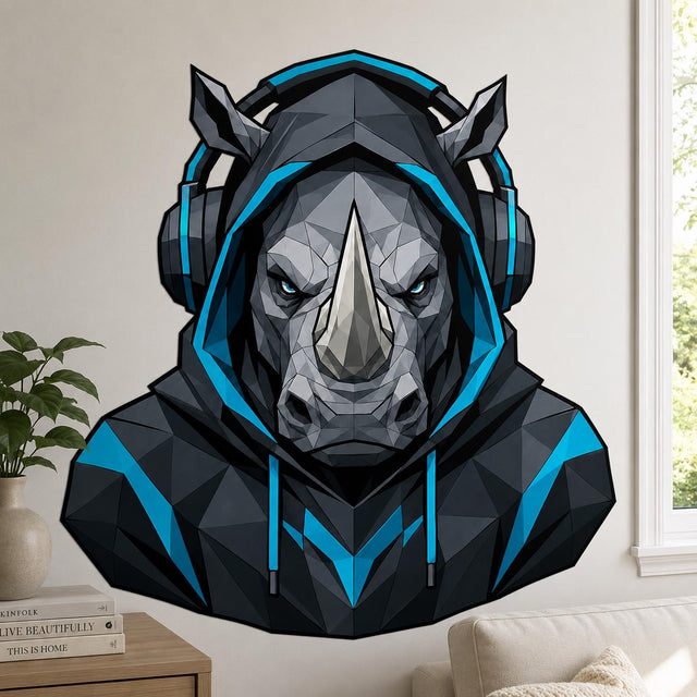 Bold geometric rhinoceros with a large central horn and icy-blue eyes, wearing a dark charcoal hooded sweatshirt and oversized black headphones with bright turquoise and blue accents.