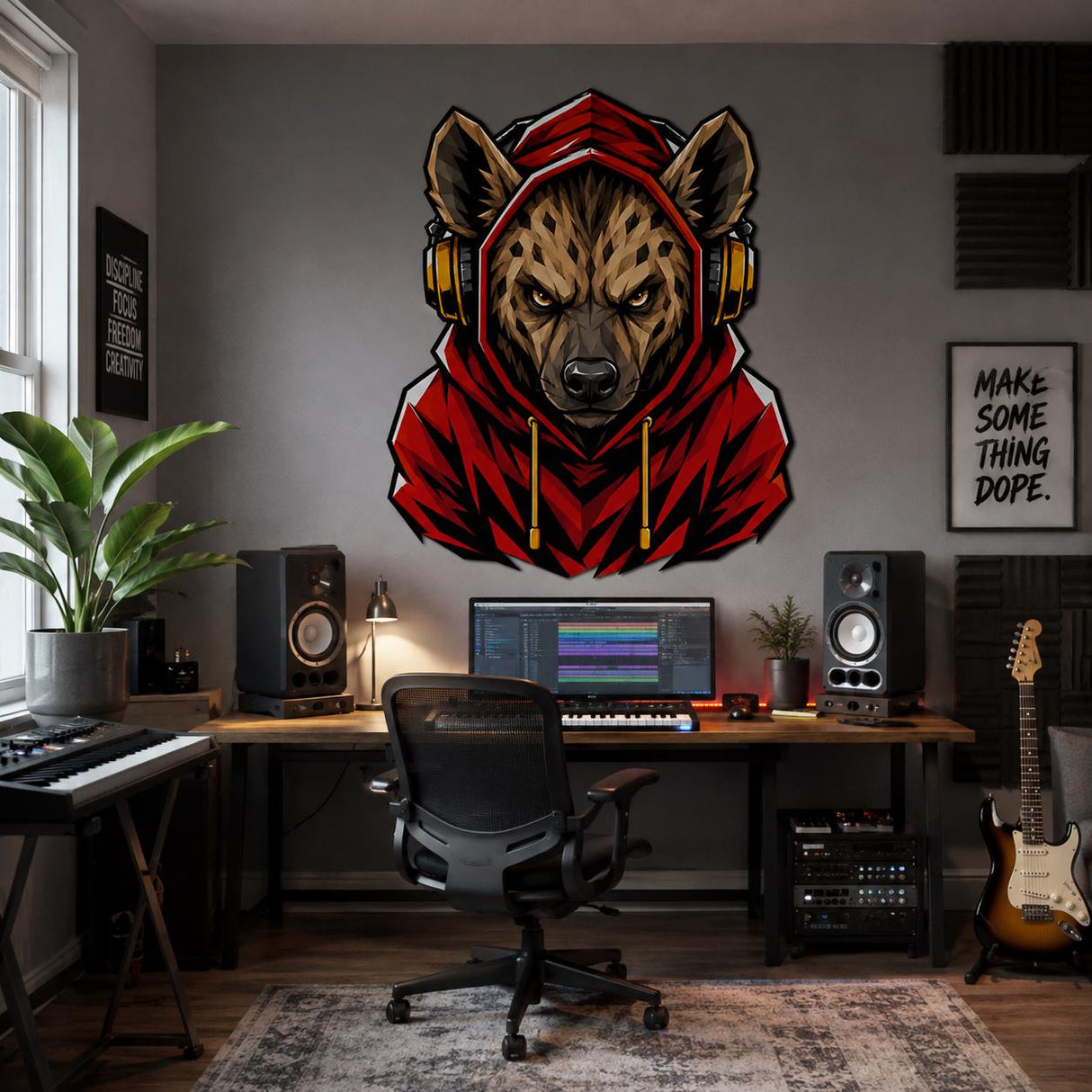 Hyena Gamer Wall Decal | Gaming Hyena Wall Sticker | Headphones Animal Decor | Teen Room Wall Art | Red Hoodie Gamer Bedroom Wall Decoration
