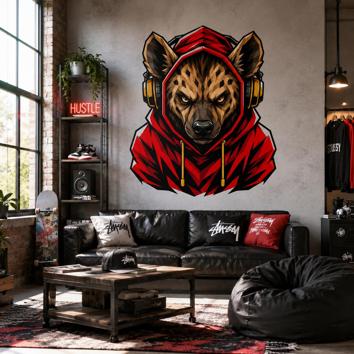 Hyena Gamer Wall Decal | Gaming Hyena Wall Sticker | Headphones Animal Decor | Teen Room Wall Art | Red Hoodie Gamer Bedroom Wall Decoration
