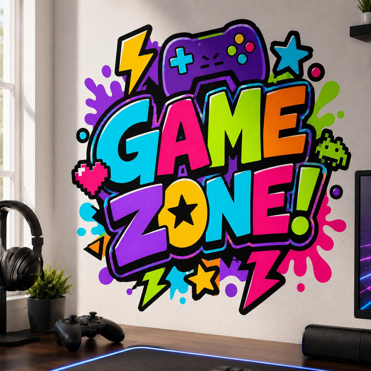 Bright “GAME ZONE!” gaming design with oversized turquoise, pink, lime, orange, and purple lettering, a purple controller, pixel heart, retro alien, lightning bolts, stars, circles, and colorful splash accents.